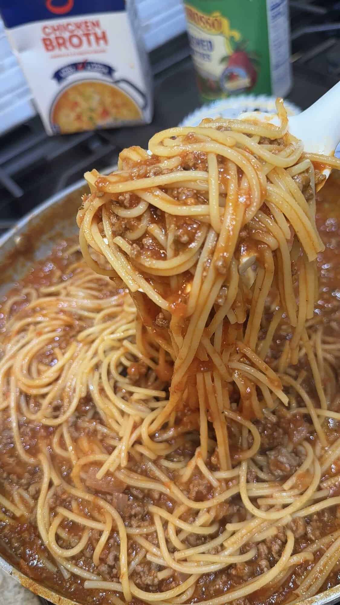 finished one pot spaghetti with meat sauce