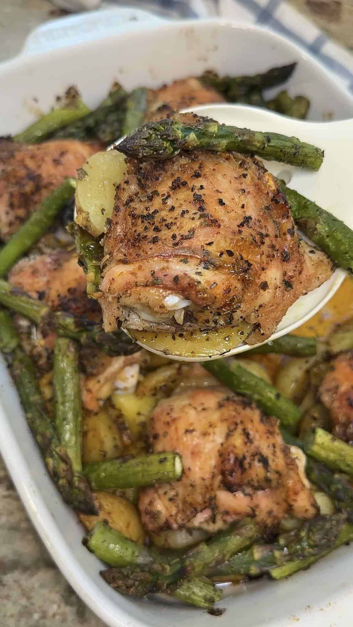 roasted chicken thighs with potatoes and asparagus
