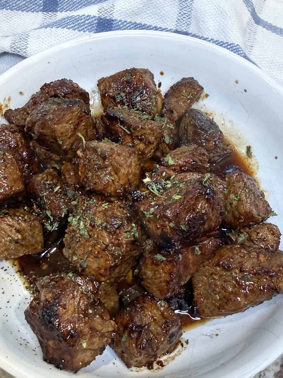 finished and plated steak tips.