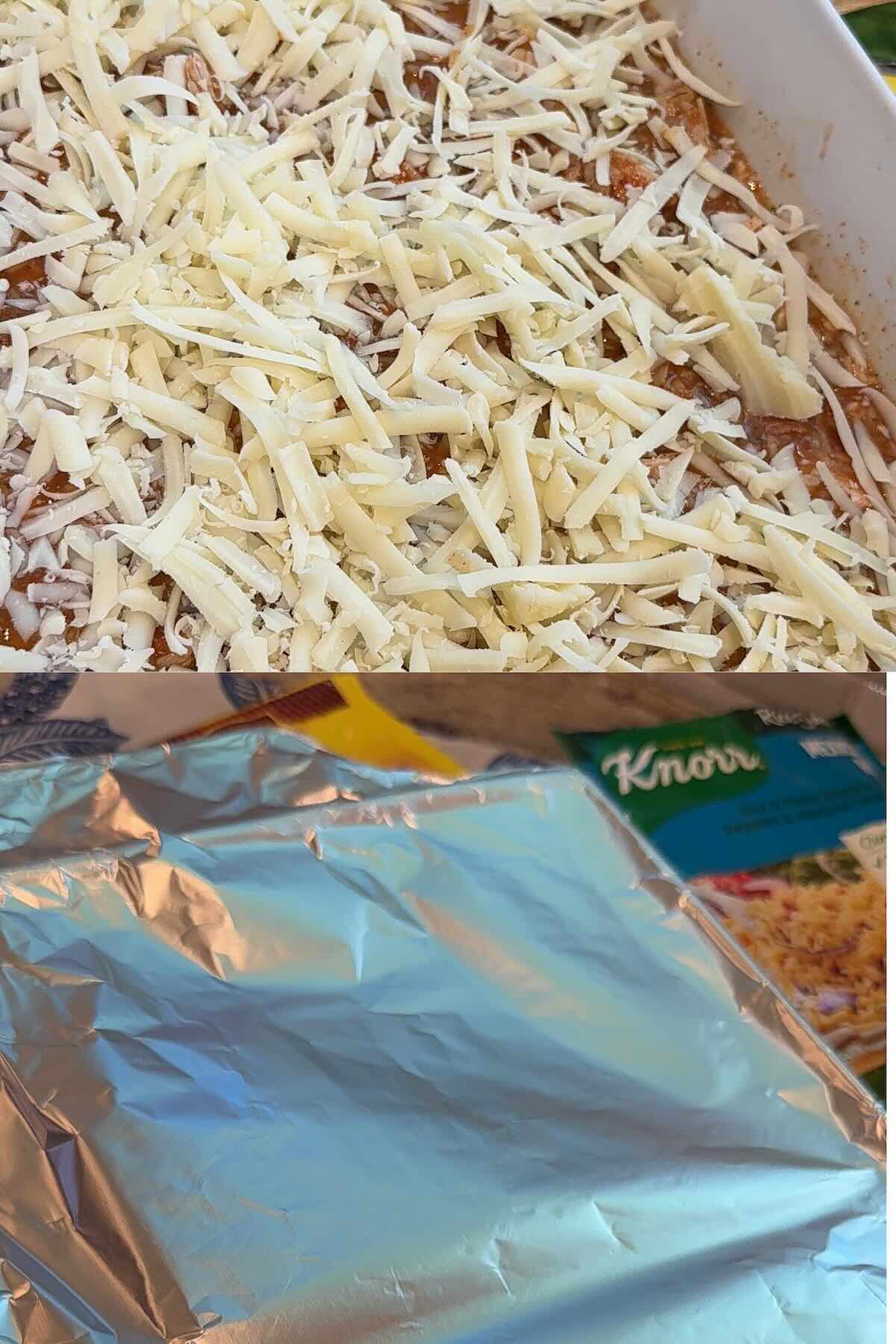 shredded cheese on top of queso chicken and rice casserole