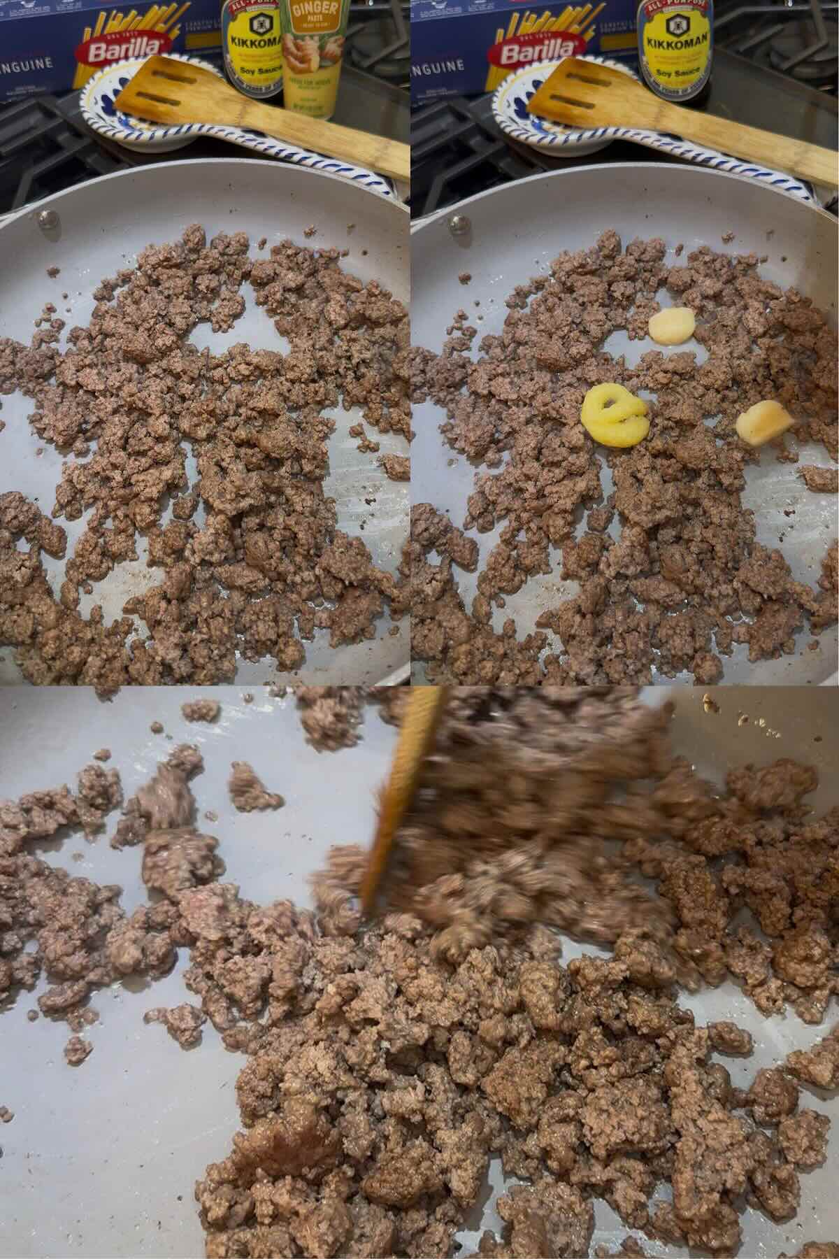 ground beef browned with ginger and garlic