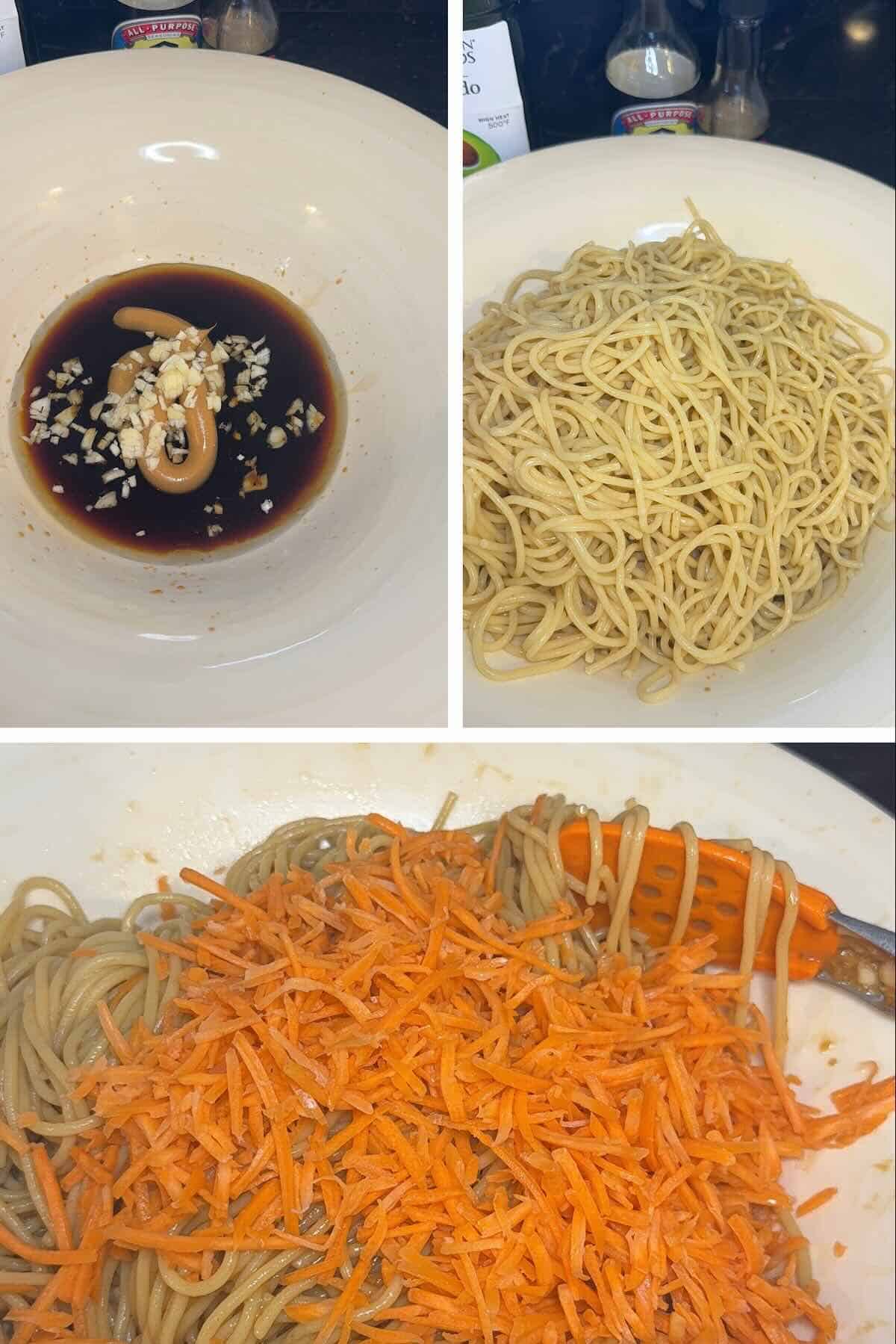 sauce for peanut noodles tossed in spaghetti and shredded carrots