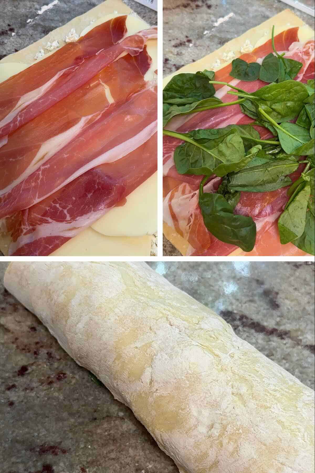 proscuitto over provolone cheese with baby spinach and jellyrolled