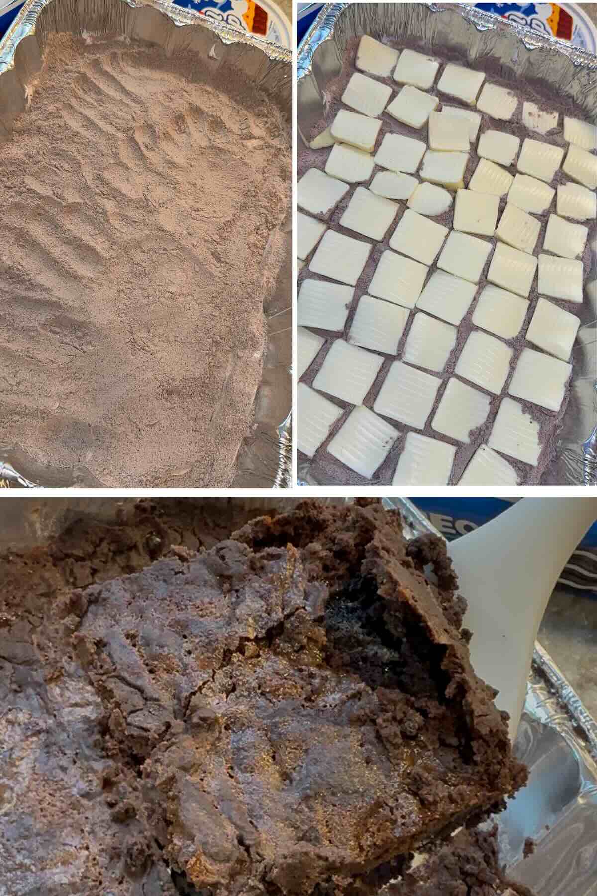 layered cake mix and butter on oreo dump cake.