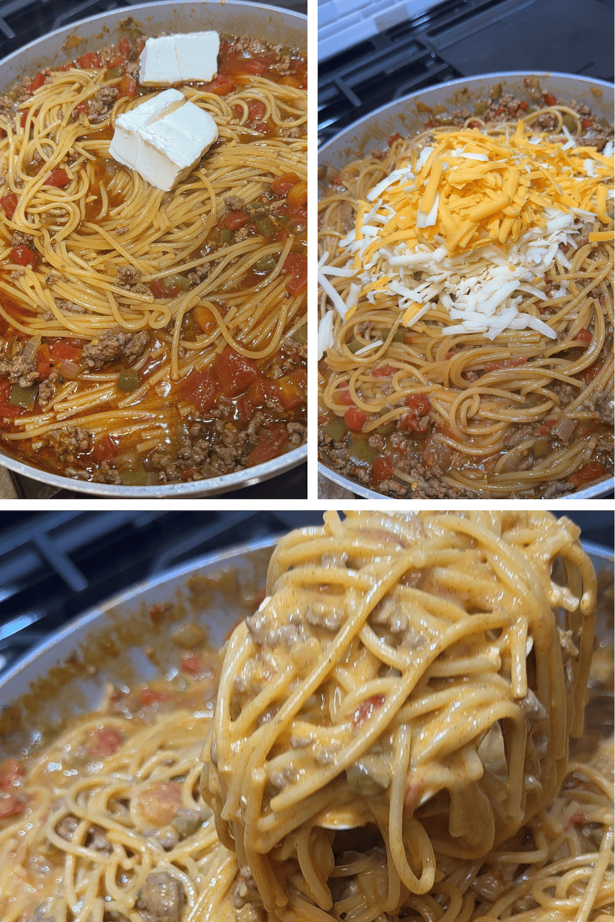 cream cheese and sour cream added to spaghetti