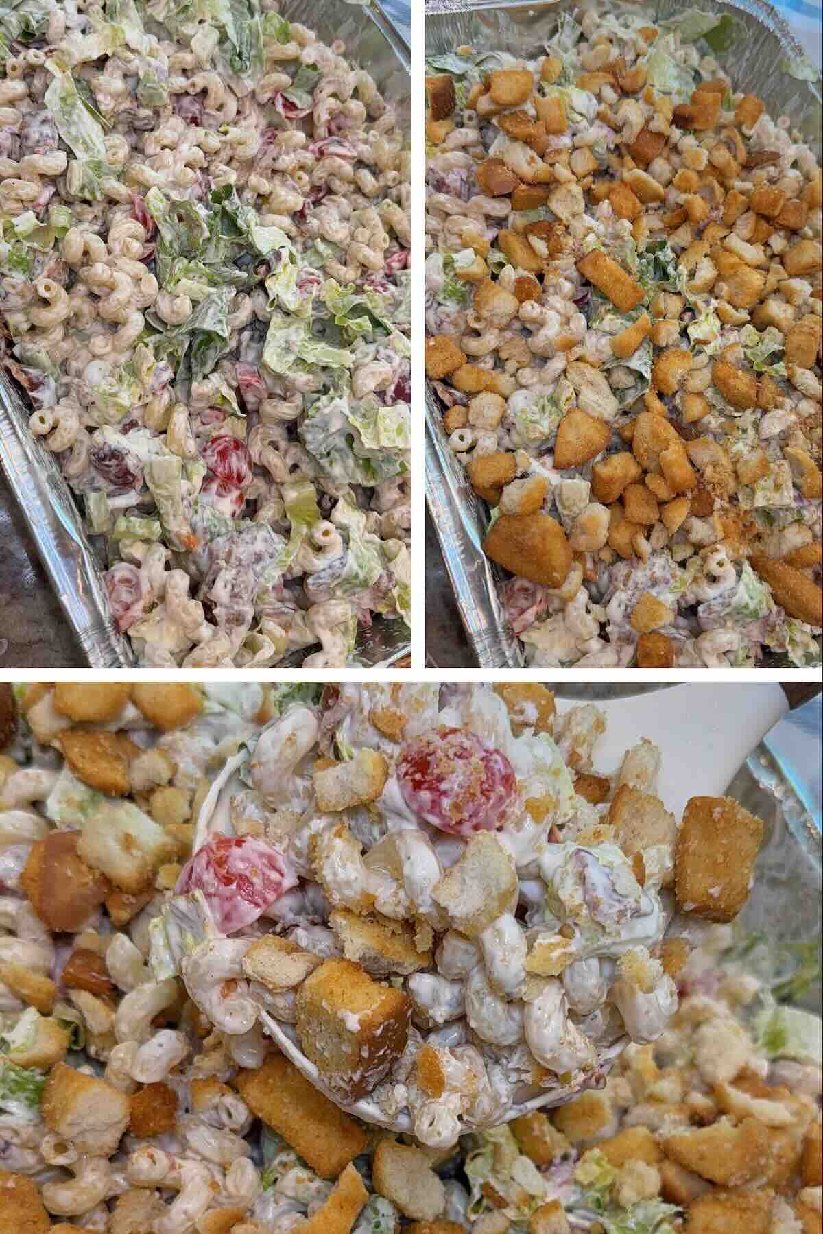 BLT pasta salad tossed and topped with crutons