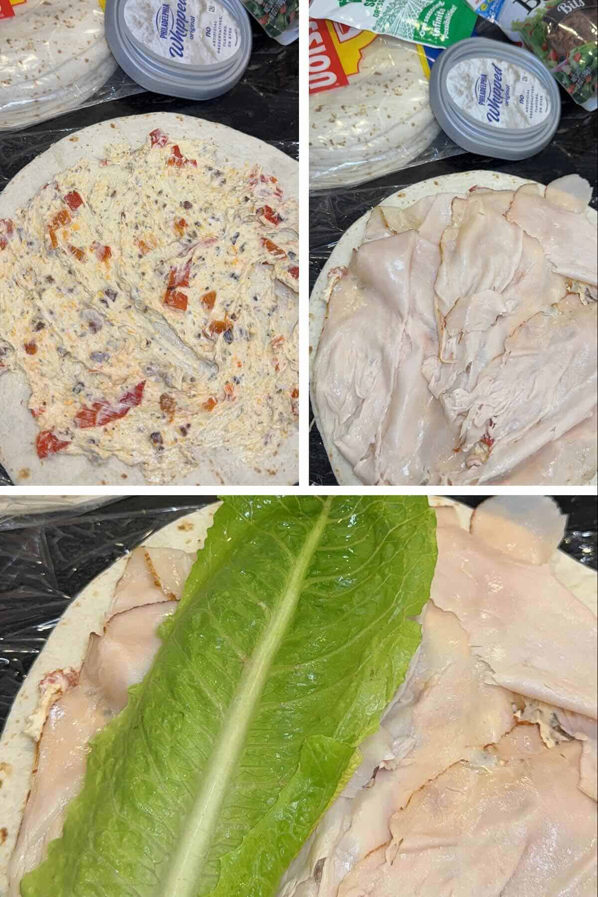 cream cheese mixture spread on top of a tortilla topped with deli turkey and romain lettuce