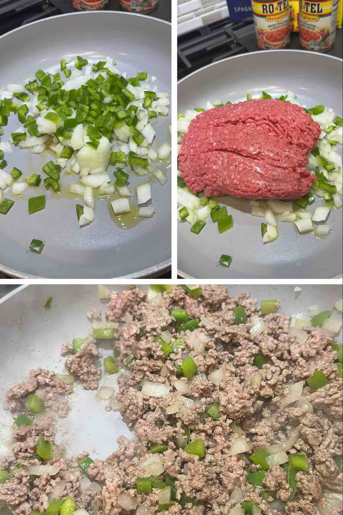 onion, bell pepper and ground beef cooked in a skillet