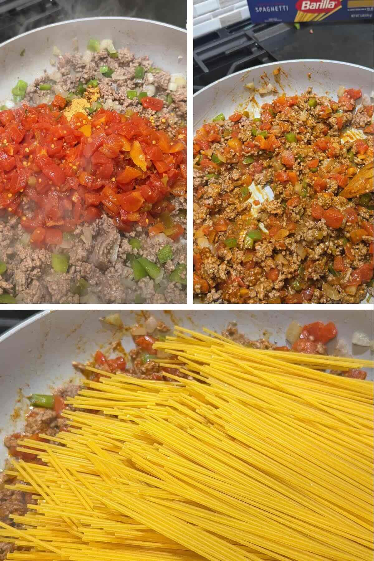 taco season, rotel and spaghetti added to the skillet