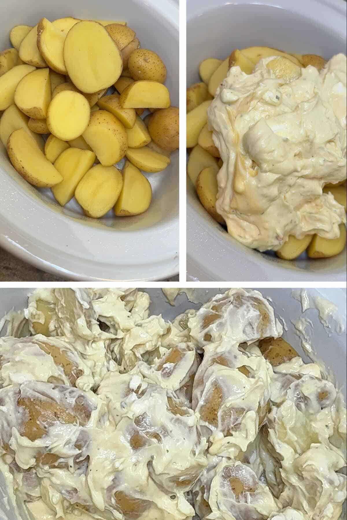 potatoes in the crockpot with sauce on top