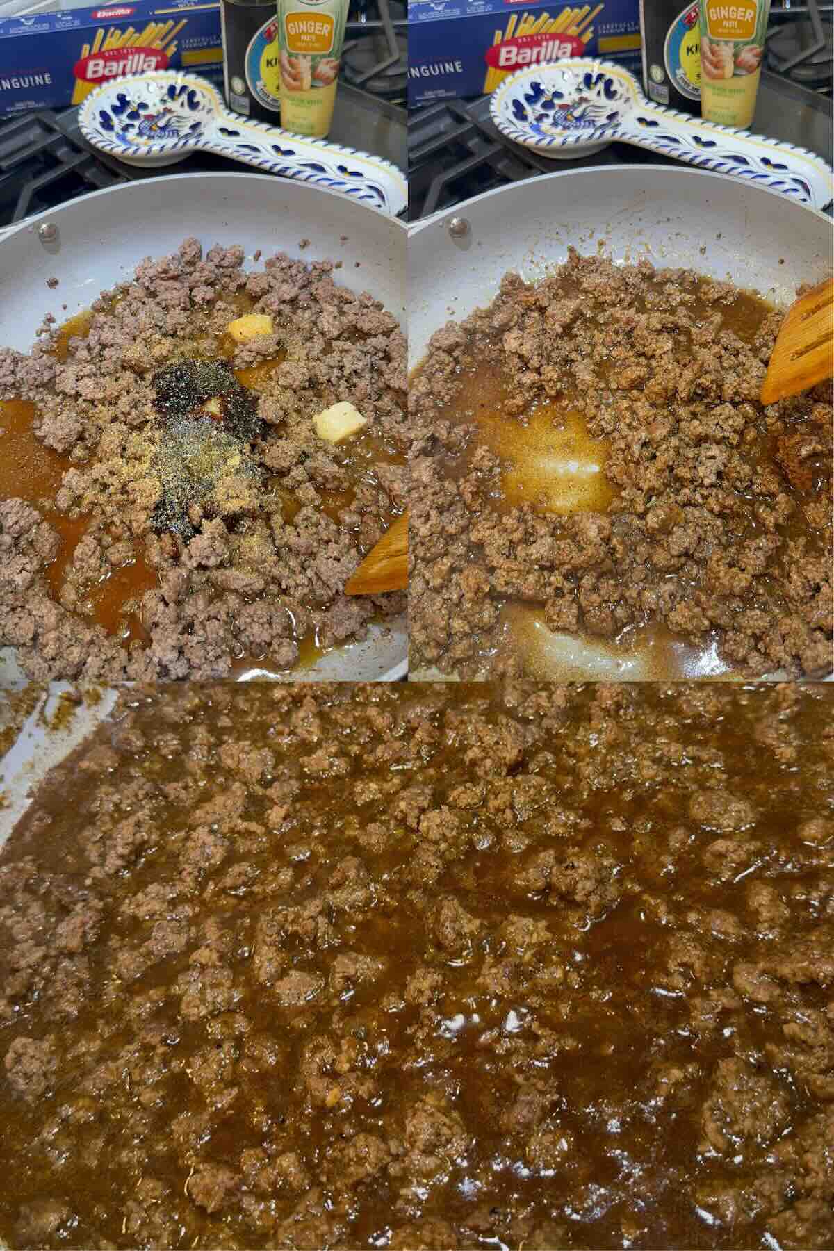 mongolian beef and noodles sauce being completed on the skillet