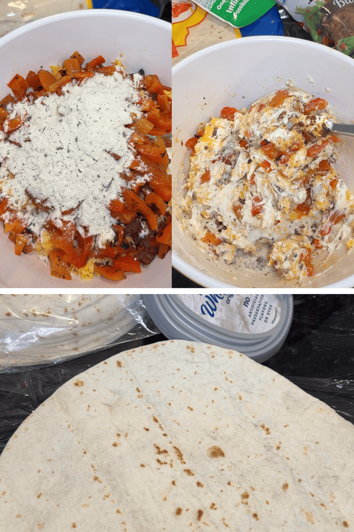 whipped cream cheese, bacon, cheese, ranch and roasted red peppers spread.