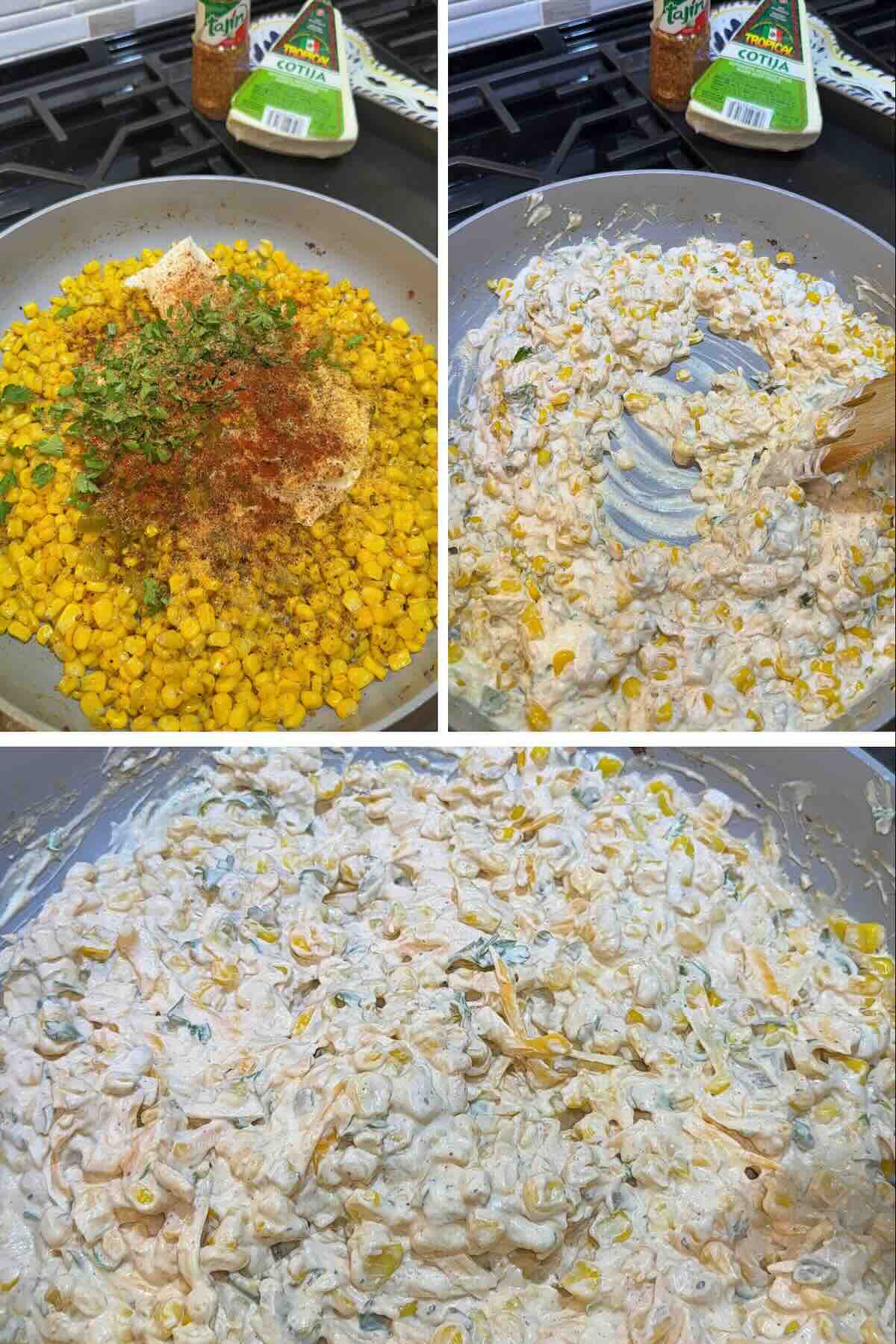 seasonings and cheese stirred into corn in a skillet