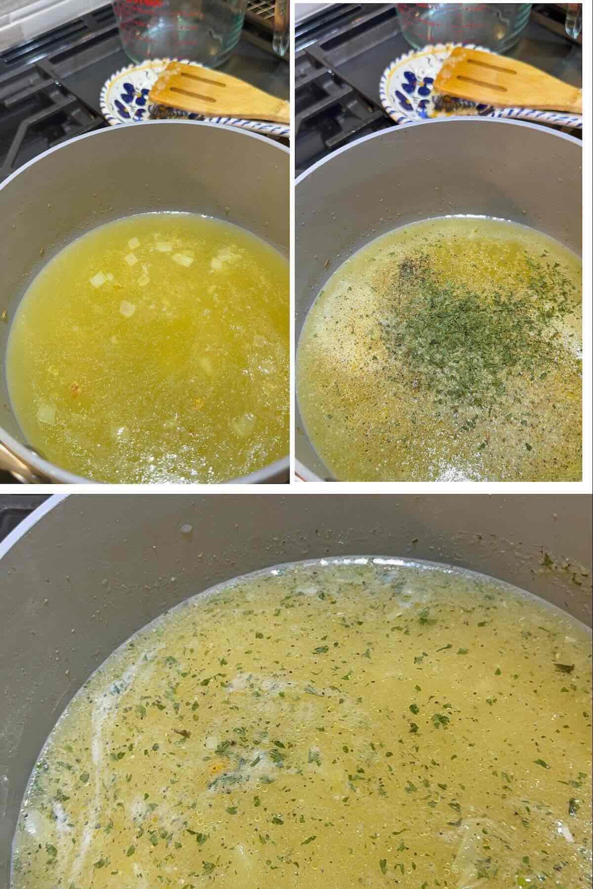chicken broth, seasoning and rice in large pot