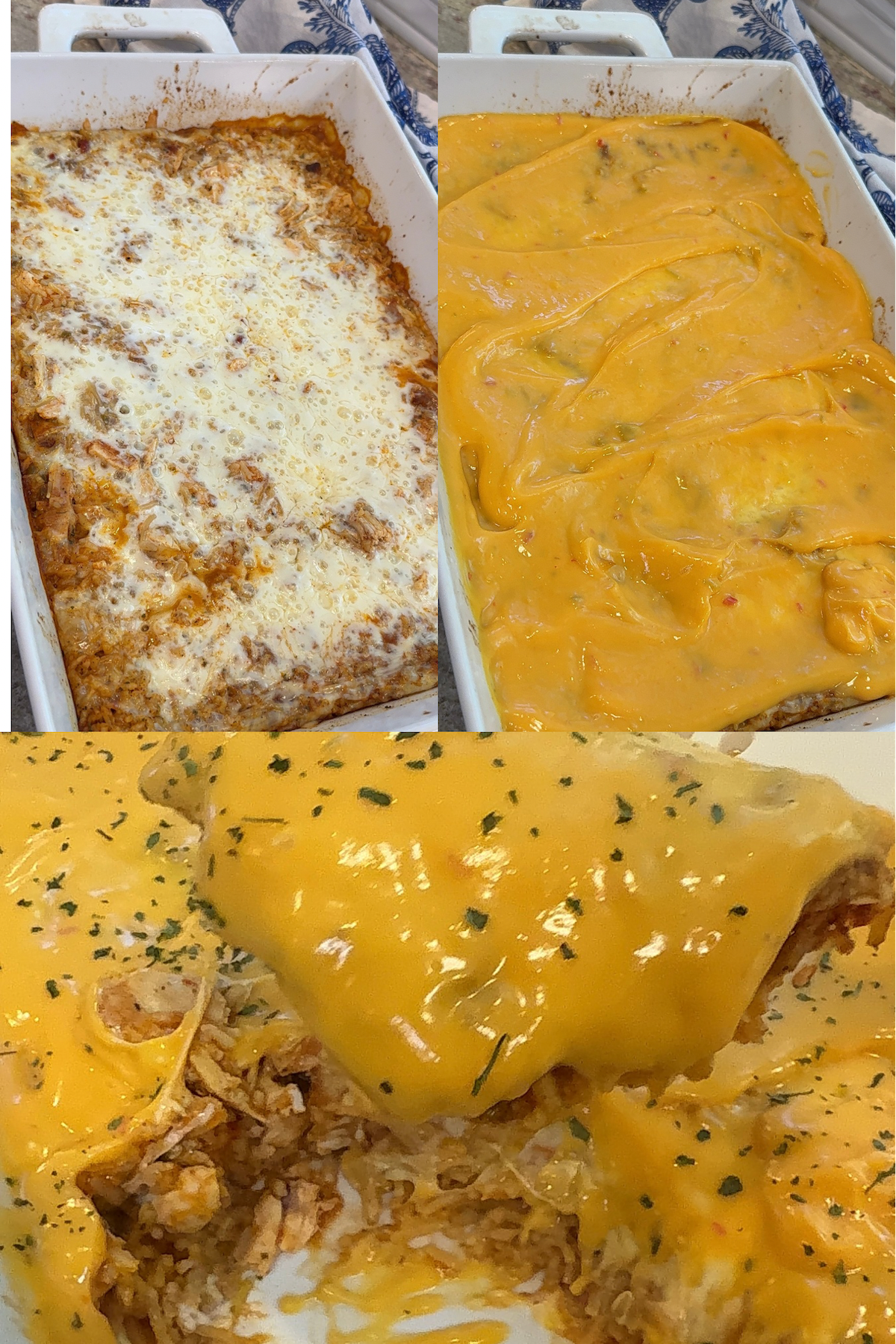 finished casserole with queso on top.