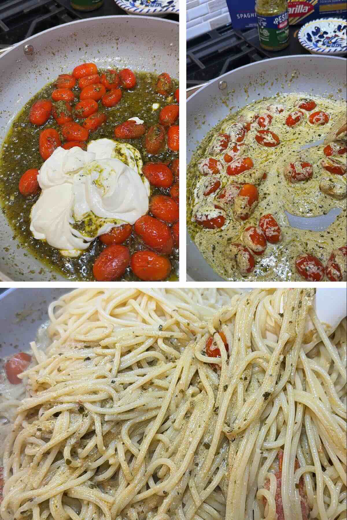 blistered cherry tomatoes in a skillet with pesto and sour cream then tossed in spaghetti