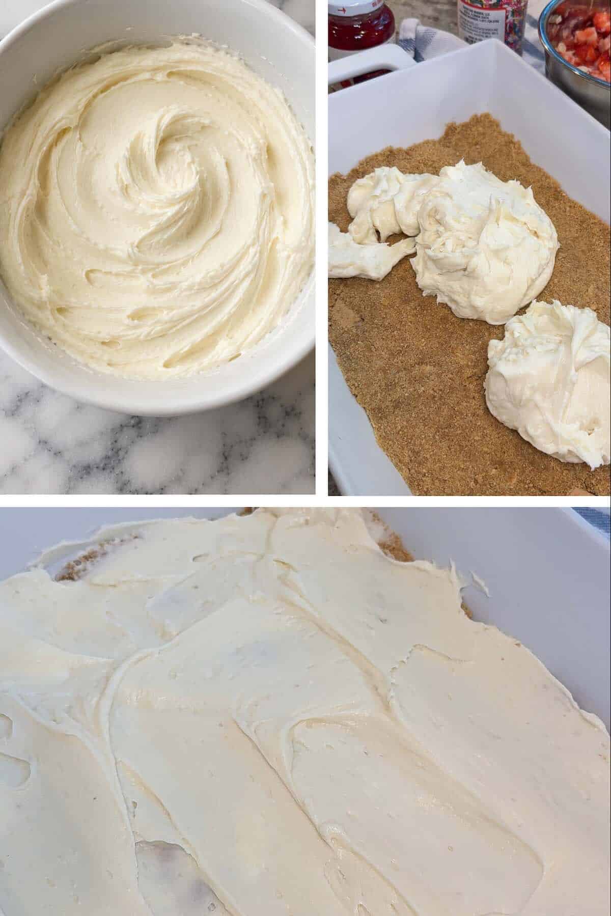 cream cheese, powdered sugar and vanilla beaten together and spread over chilled graham cracker crust.
