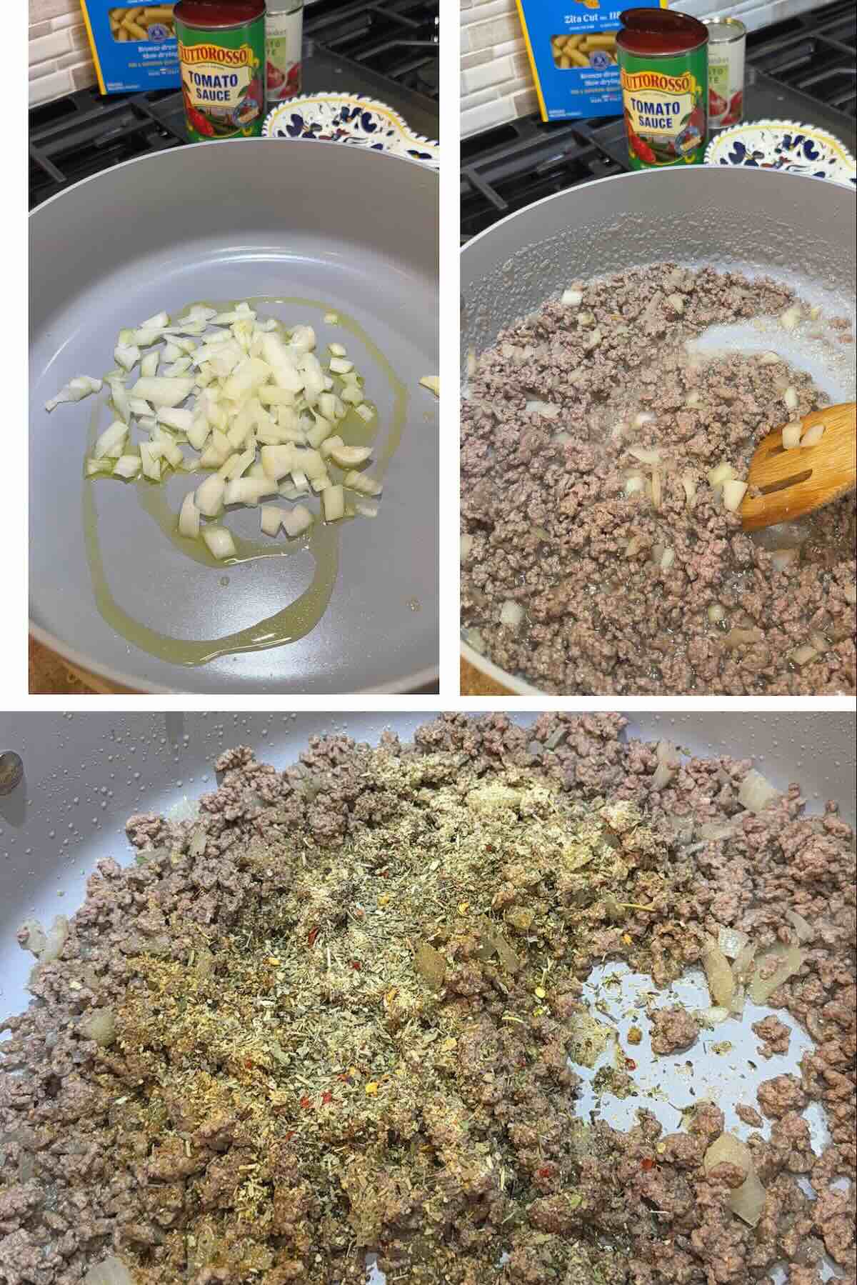 ground beef and onion seasoned in skillet