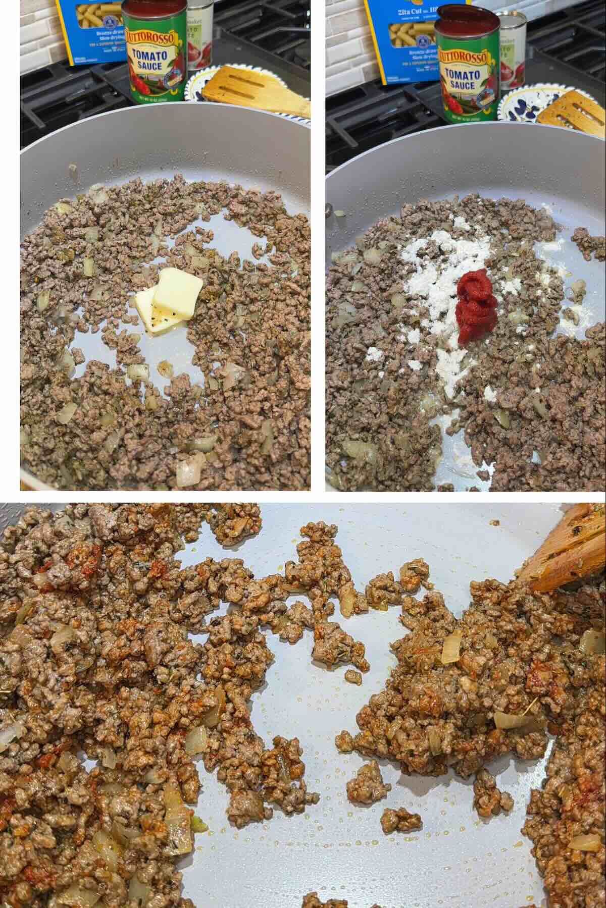 butter melted into ground beef with tomato paste and flour