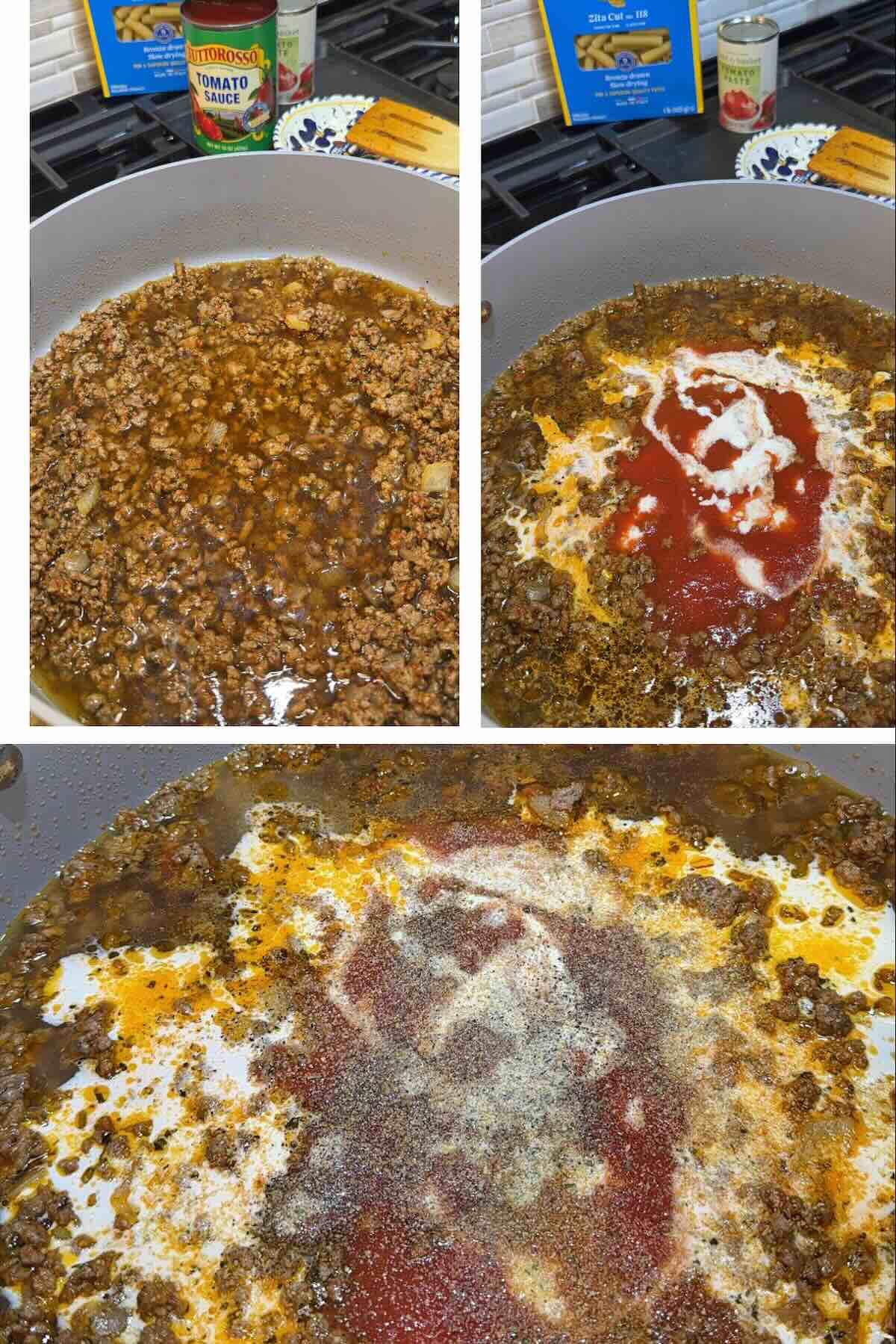 beef broth, heavy cream and tomato sauce added to the seasoned ground beef.