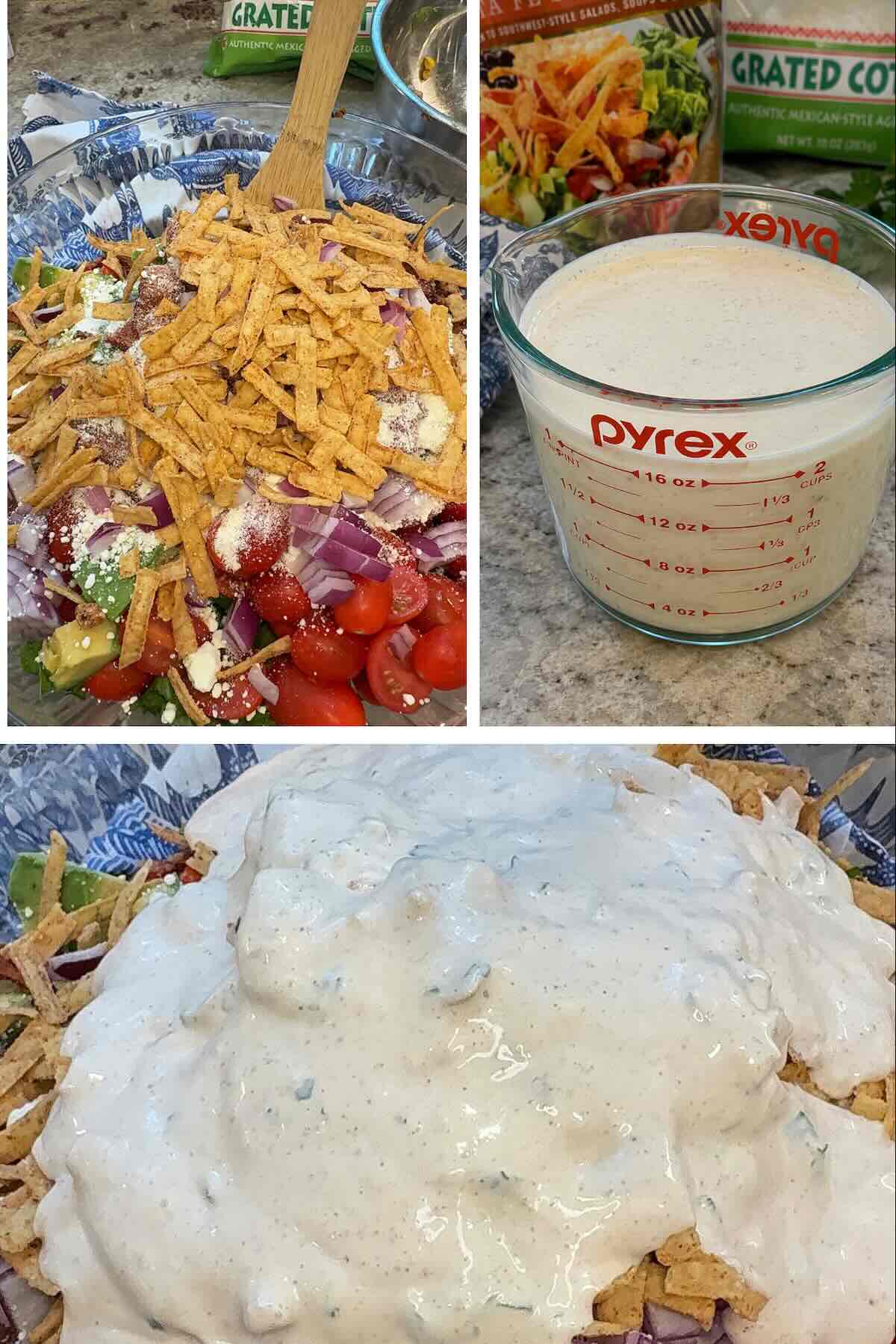 street corn salad ingredients in a bowl with the dressing poured over