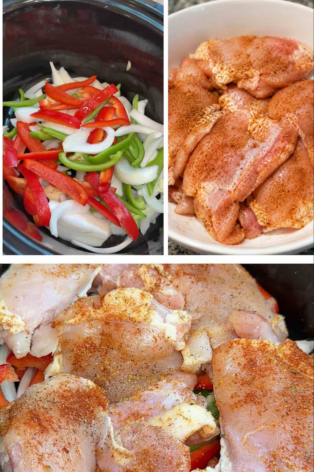 peppers and onions on the bottom of the slow cooker with seasoned chicken thighs on top