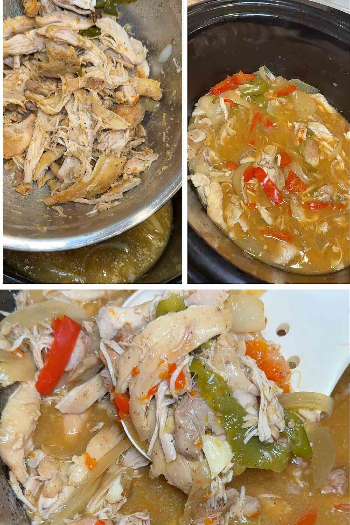 shredded chicken thighs going back into the crockpot