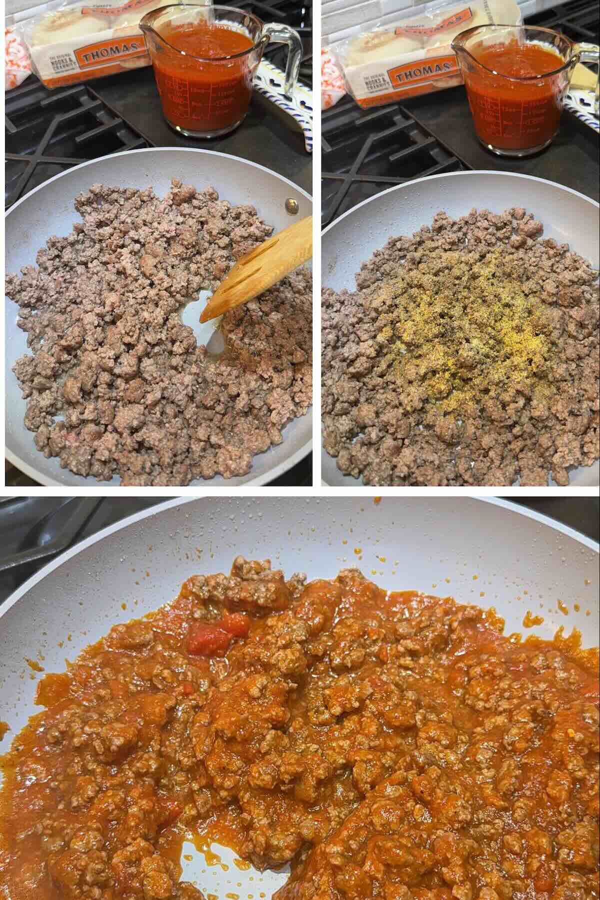 Ground beef and tomato sauce simmering in skillet