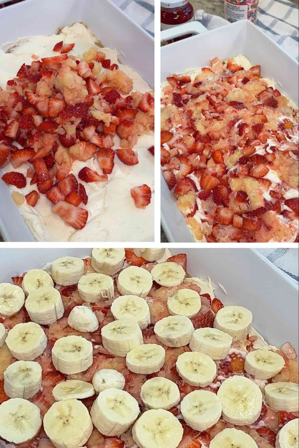 strawberries and crushed pineapple spread over the cheesecake layer and topped with sliced bananas