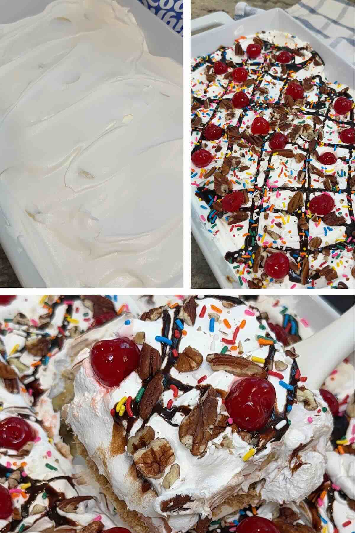 cool whip later spread onto the banana split cake and added toppings