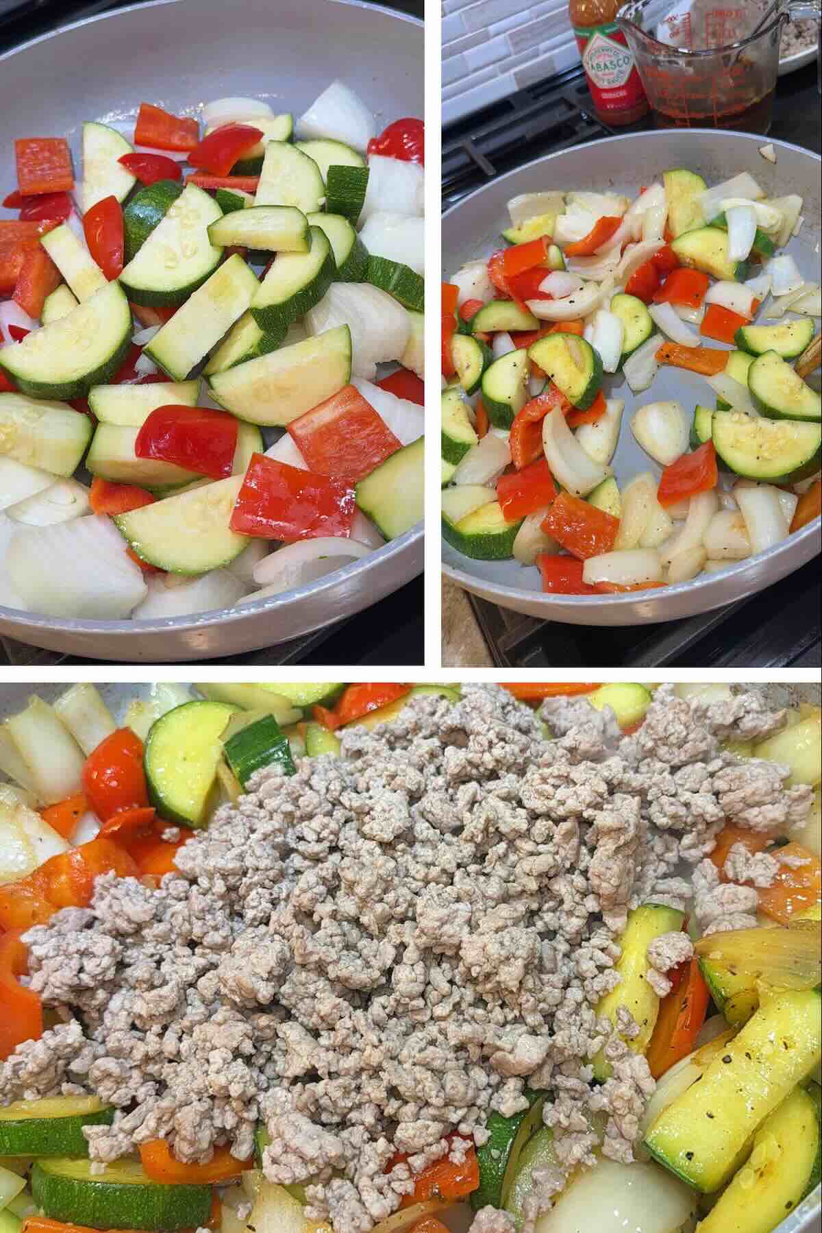 onion, bell pepper and zucchini cooking in a large skillet.