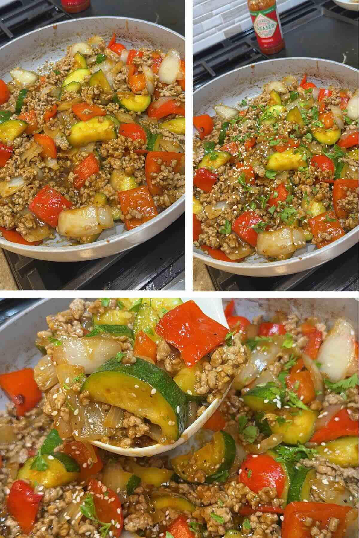 ground pork and vegetables in a skillet with sweet and spicy sauce stirred in