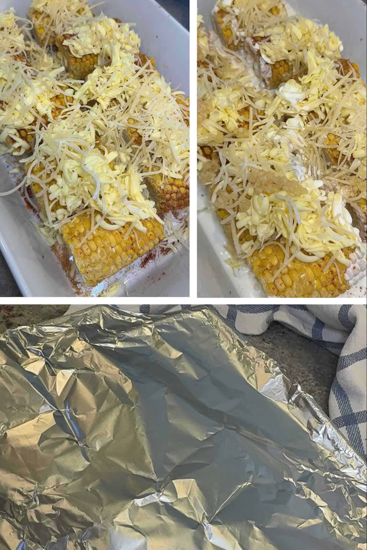 corn on the cob seasoned and topped with butter and parmesan about to go into the oven