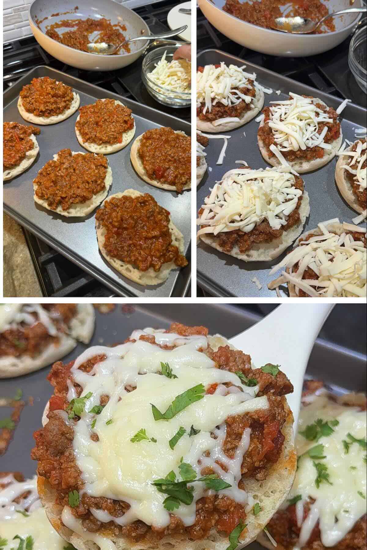 beefy tomato sauce on english muffins topped with cheese and baked