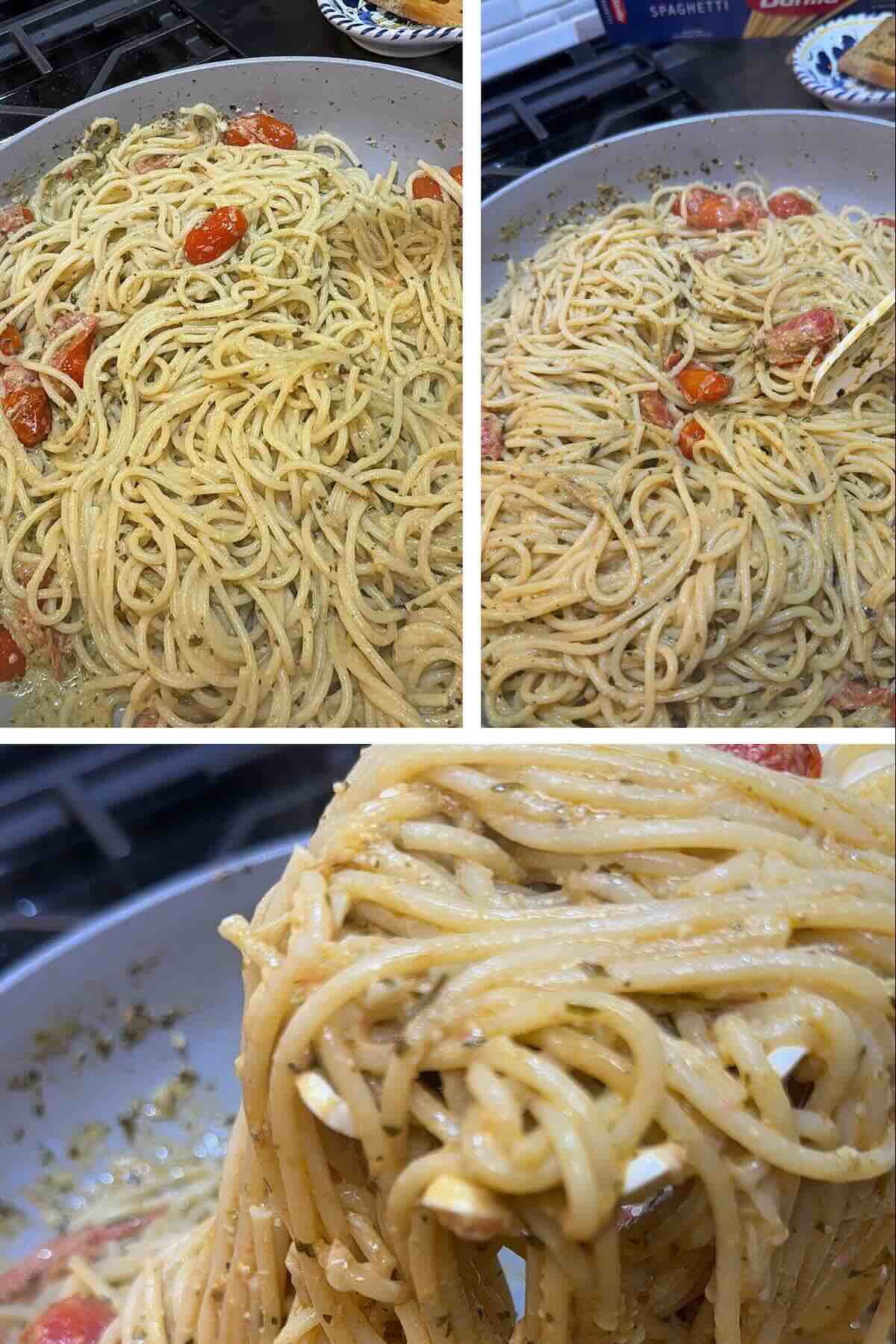 finished creamy tomato pesto spaghetti in skillet