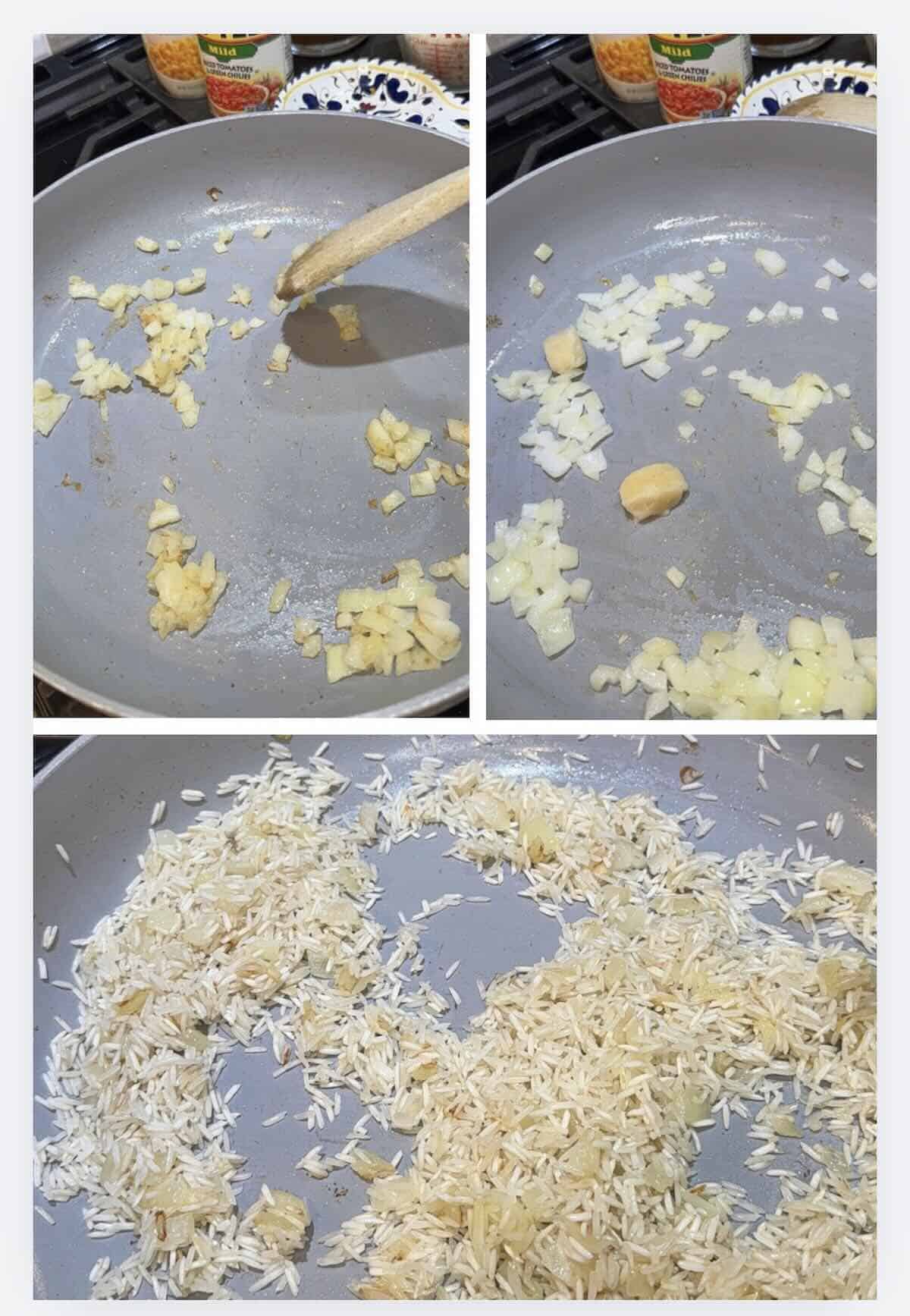 rice in skillet toasted with onion and garlic.