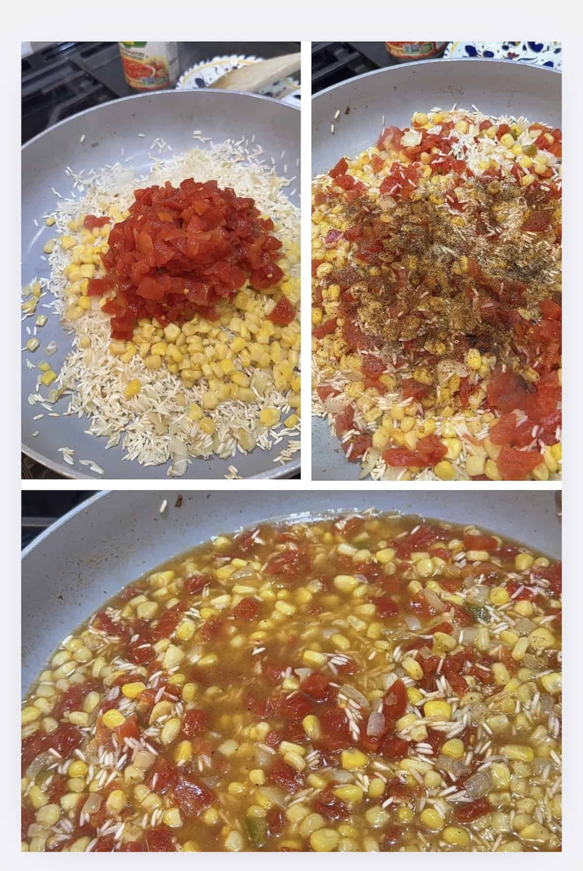 corn and rotel added to the roasted rice with chicken broth poured on top.