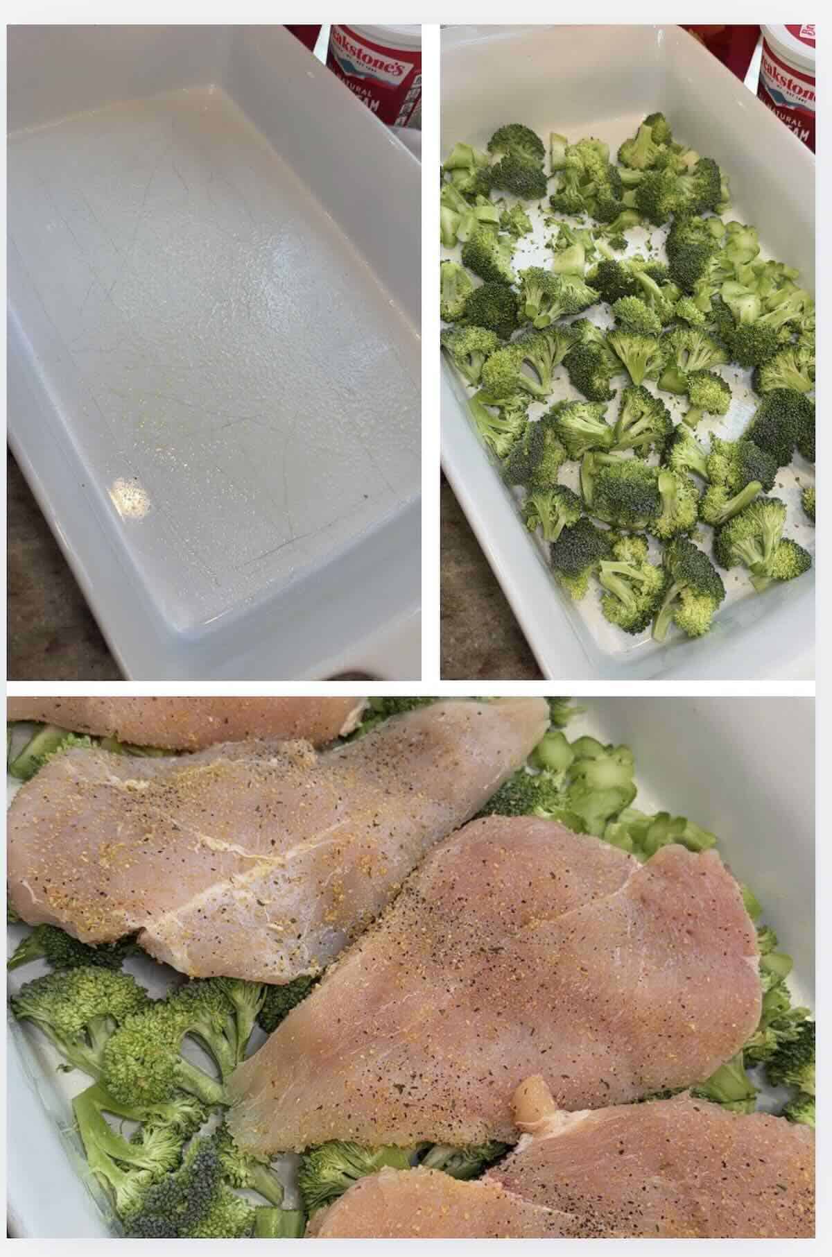 broccoli laid out in a baking dish and topped with seasoned chicken breast