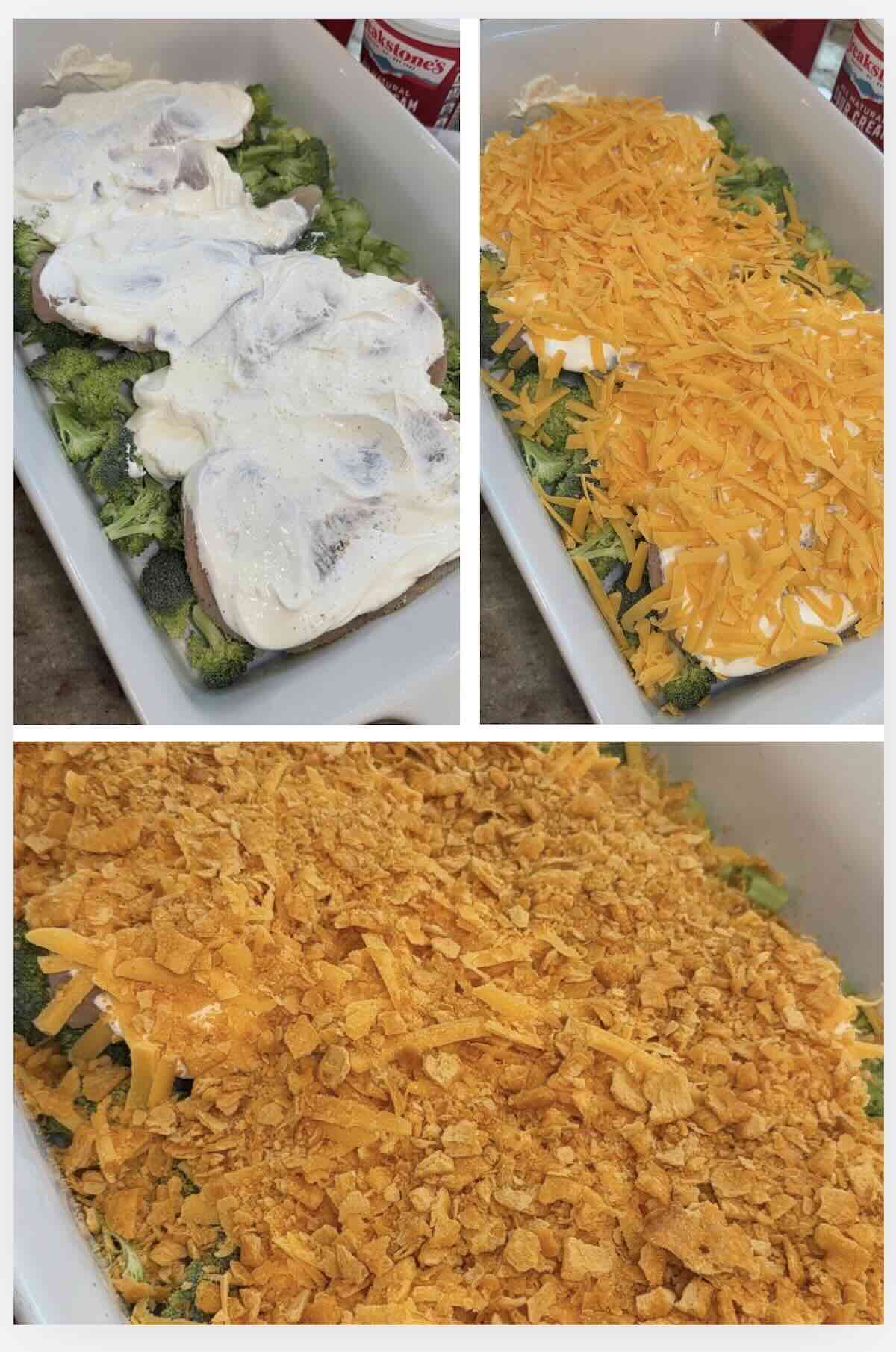 sour cream spread over seasoned chicken with shredded cheddar cheese and crushed crackers on top
