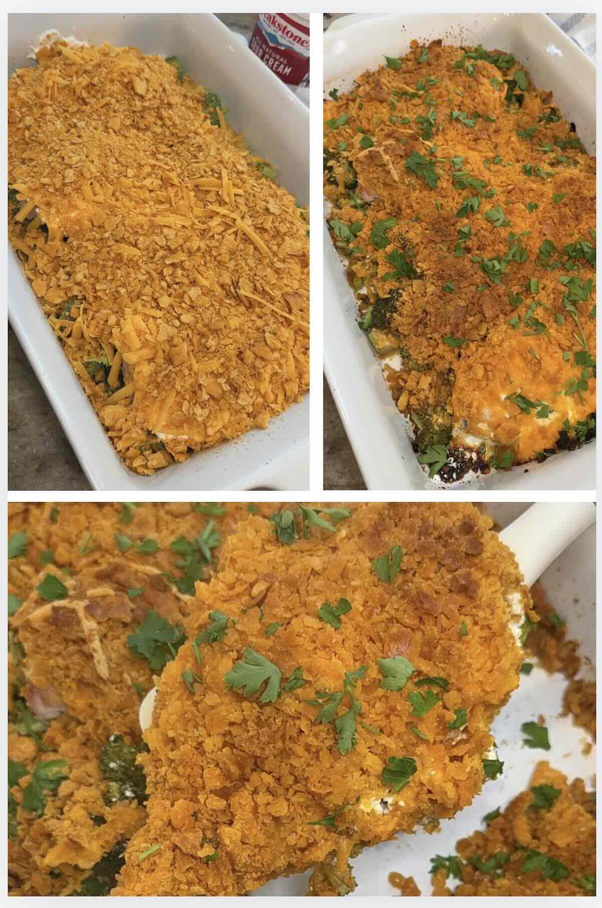 finished cheez it chicken out of the oven garnished with parsley