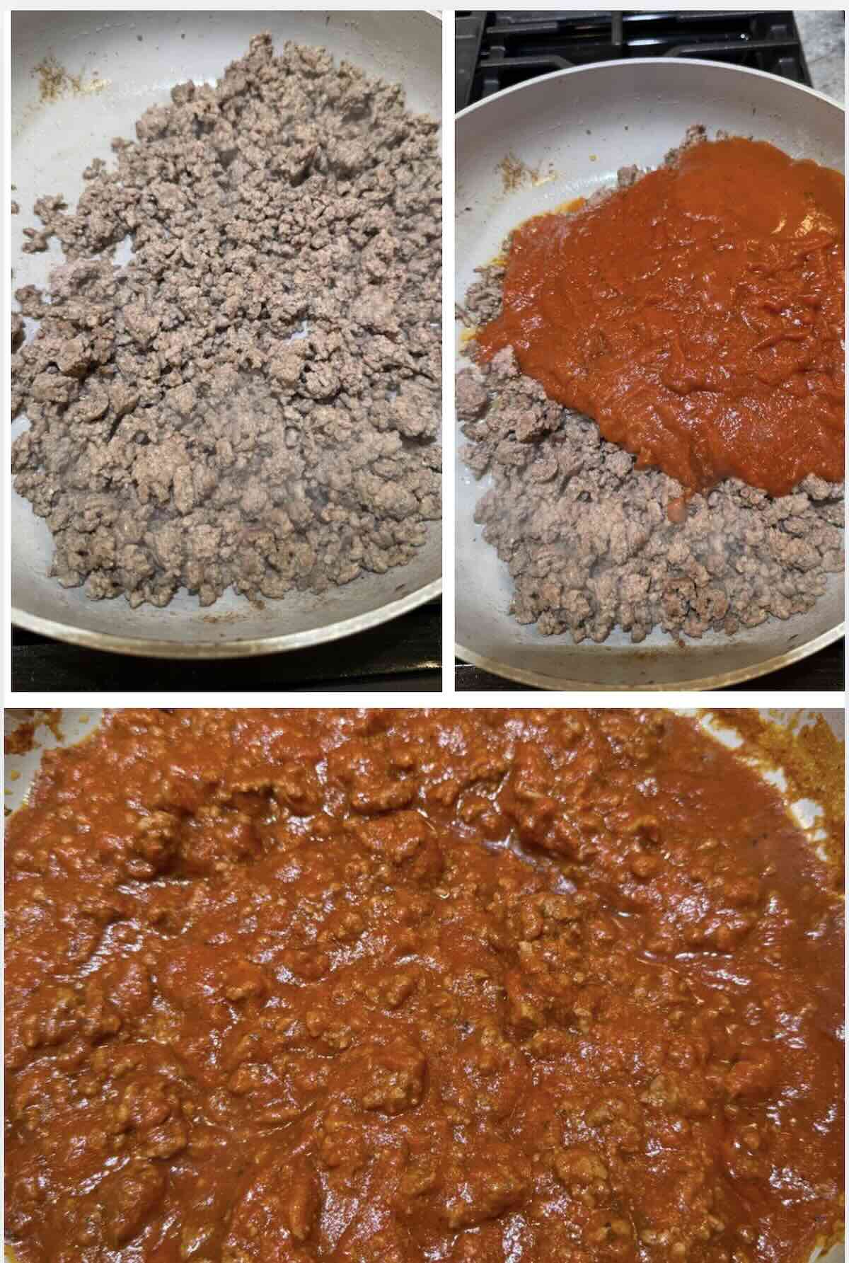 browned ground beef in a large skillet mixed with marinara sauce