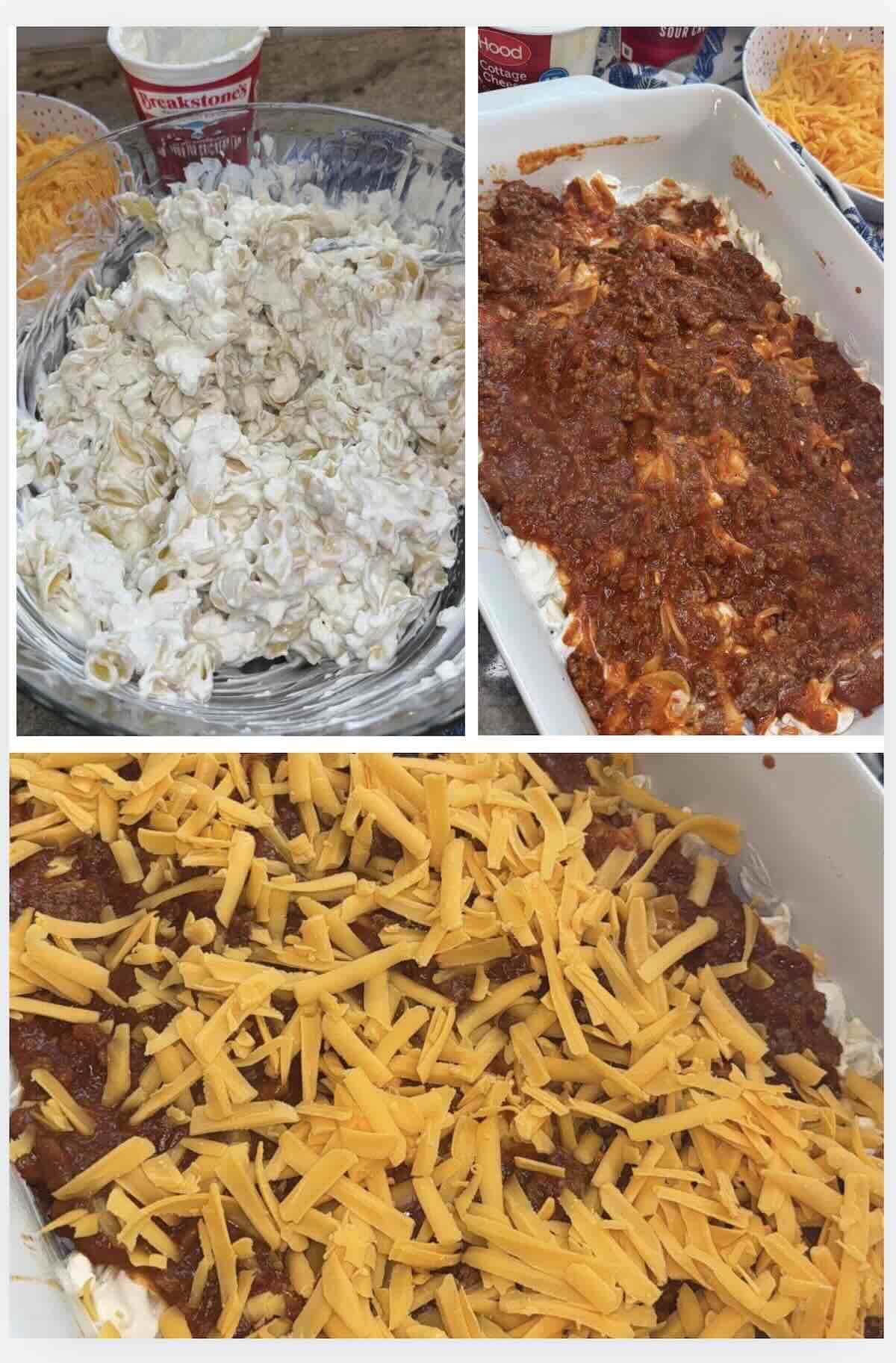 egg noodles mixed with cottage cheese and sour cream then spread into a baking dish and topped with meaty marinara sauce and shredded cheese