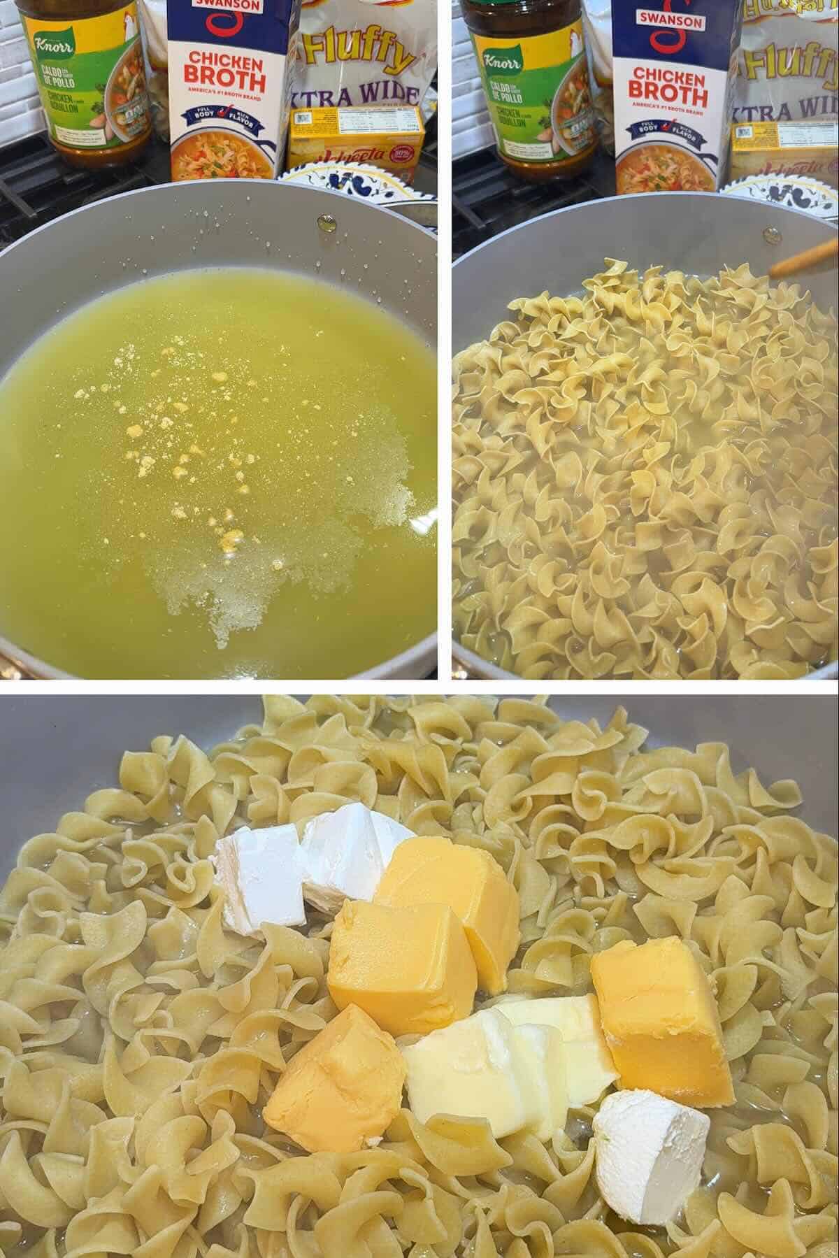 egg noodles cooking in chicken broth with butter, velveet and cream cheese added