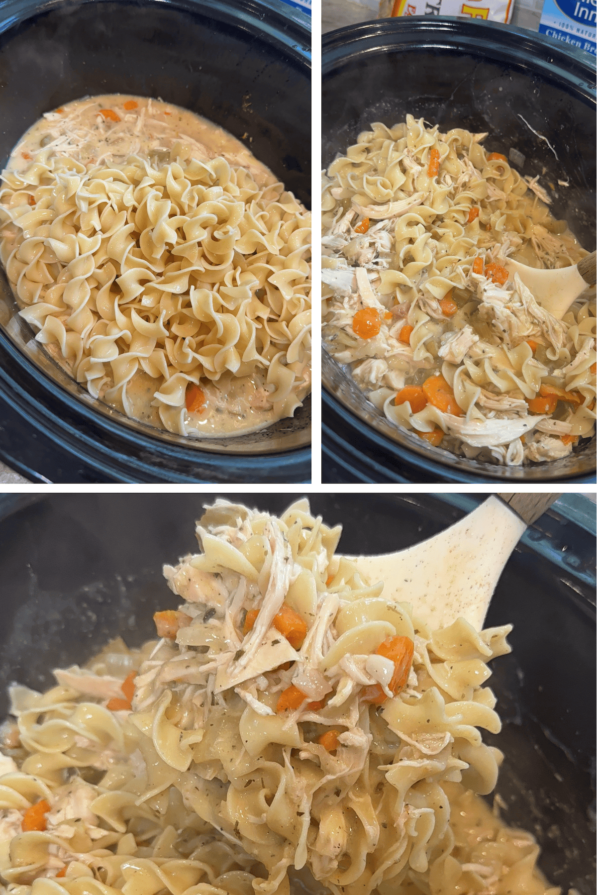 noodles stirred into crockpot with shredded chicken and veggies
