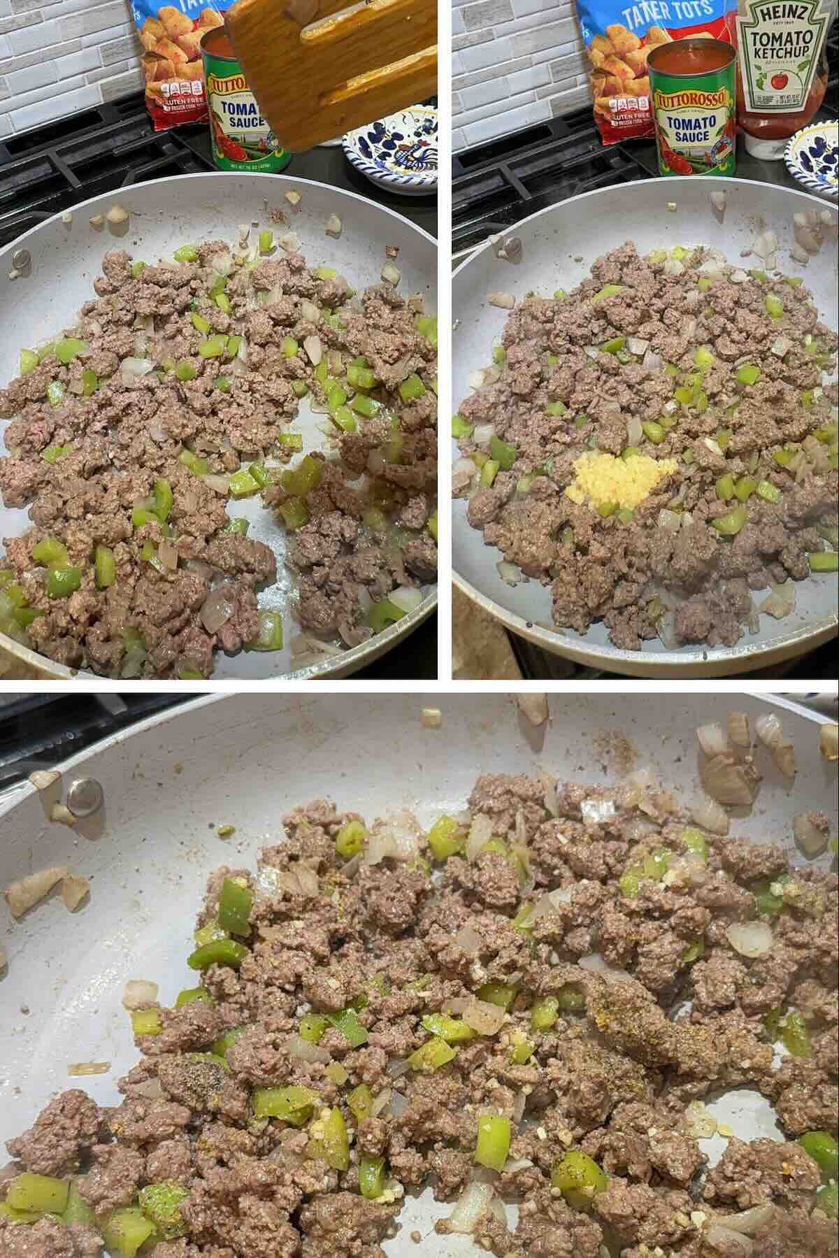 ground beef, onion, bell pepper and garlic sauteeing in skillet