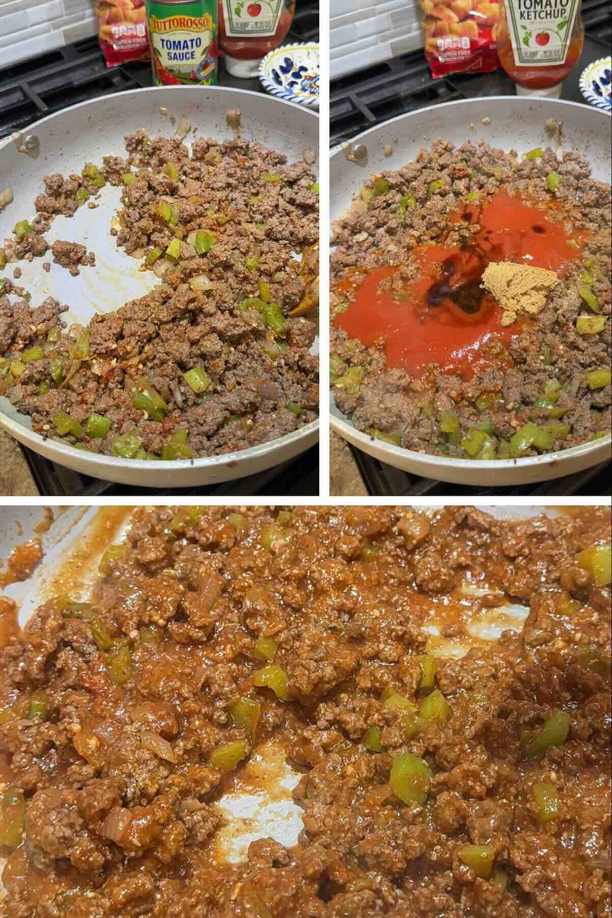 homemade sloppy joe filling in skillet