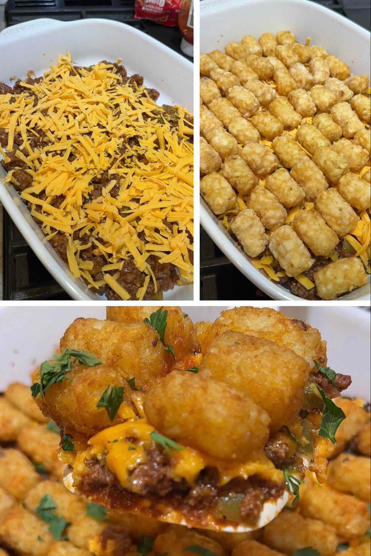 sloppy joe mixture in a baking dish topped with cheese and tater tots baked until golden brown.