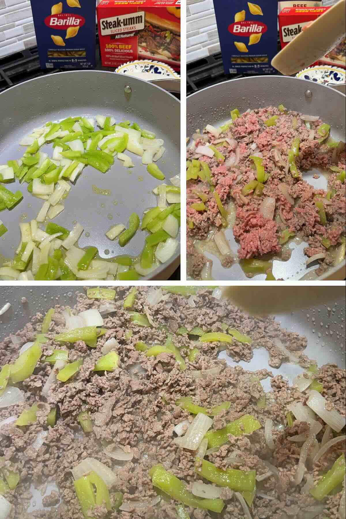 green pepper and onion cooking in skillet with shaved steak