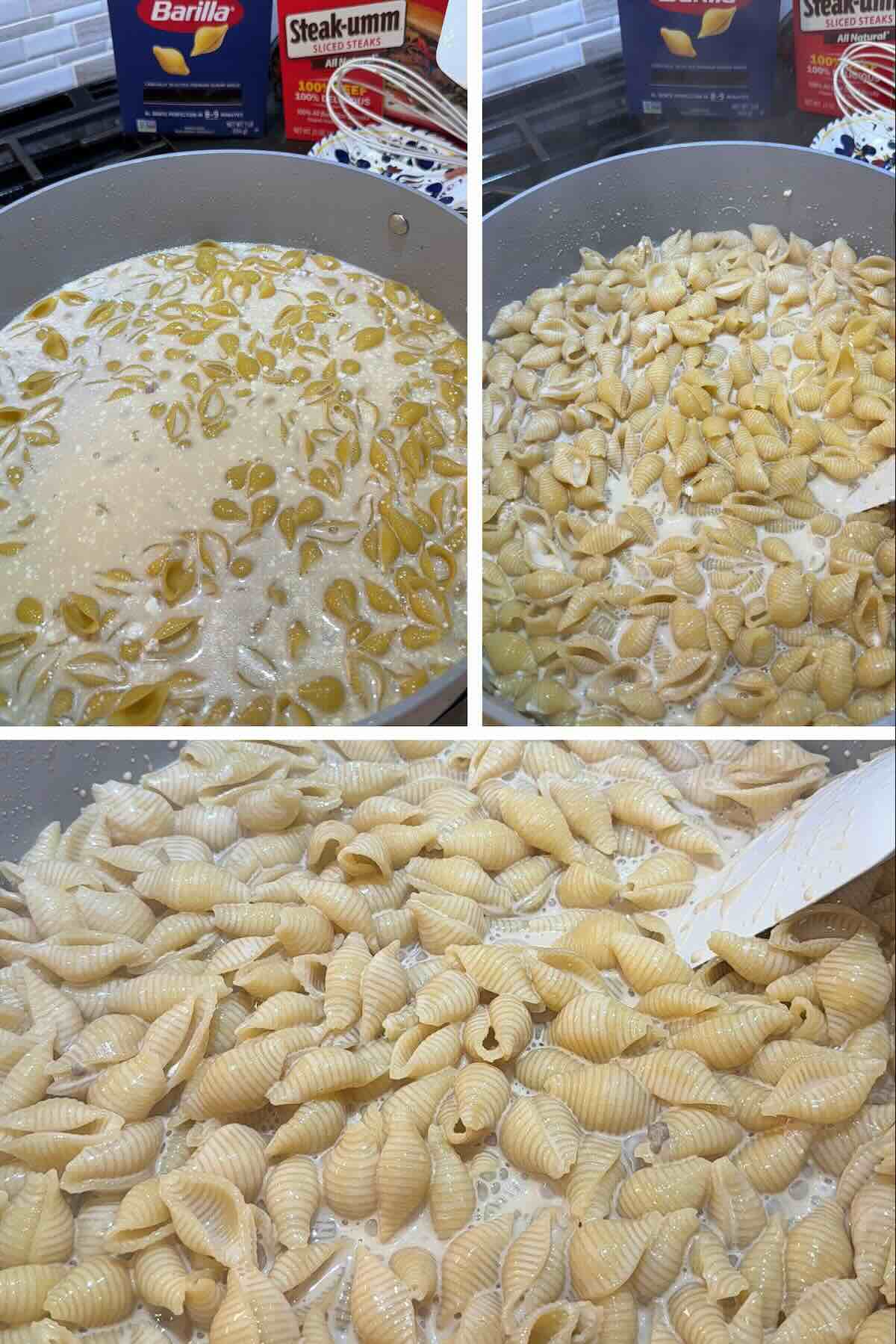 shell pasta cooking in beef and cream cheese mixture