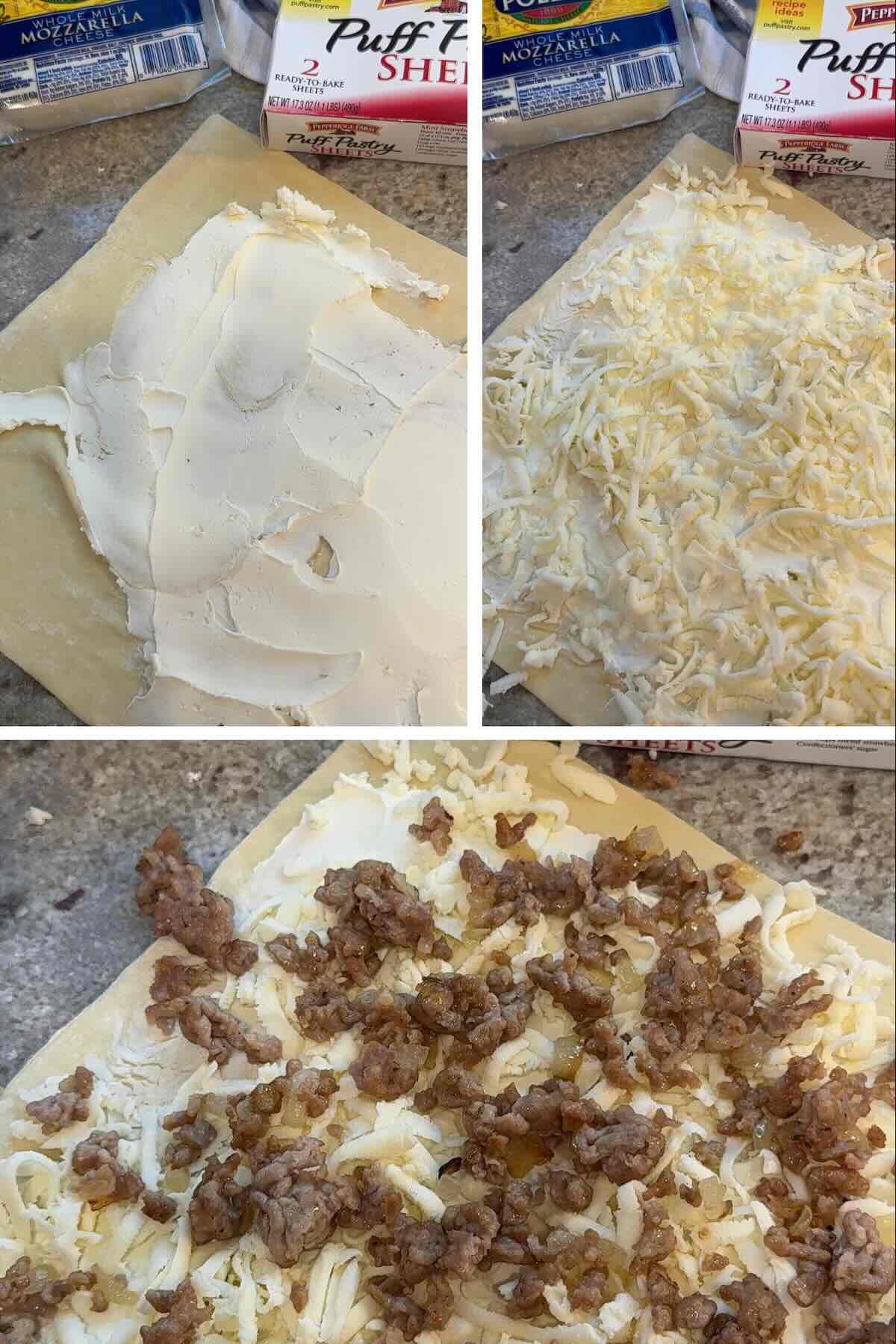 cream cheese, shredded mozzarella and cooked sausage on top of puff pastry